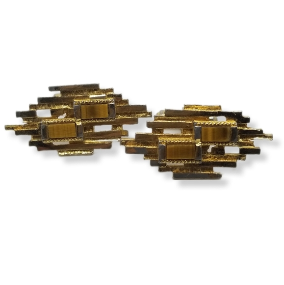 CHRISTIAN DIOR VINTAGE MID CENTURY MODERN GOLDPLATED & TIGERS EYE MENS CUFFLINKS - Picture 1 of 8